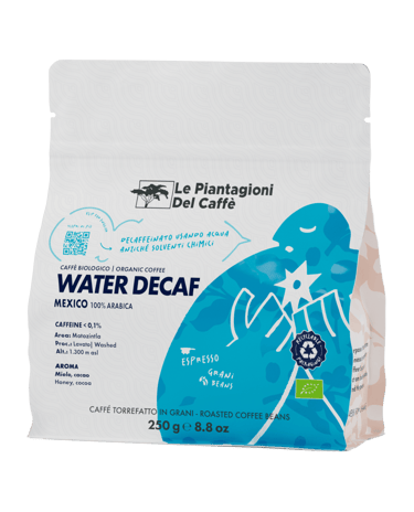 Le Piantagioni del Caffè Water Decaf organic coffee beans from Mexico in a 250g bag.