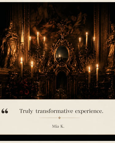 A gothic cathedral altar with burning candles and religious statues featuring a quote about transformative experiences.