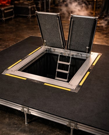 Open stage trapdoor with ladder access on a professional theater platform with safety markings.