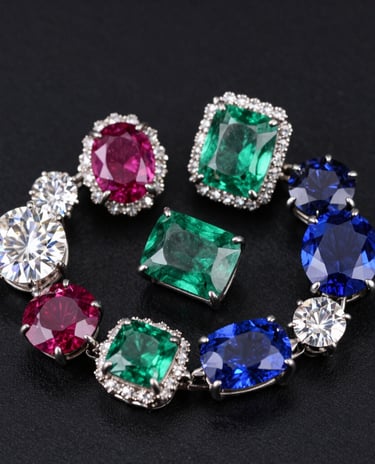 A collection of Navaratna gemstones including diamond, ruby, emerald, and blue sapphire on a black background.