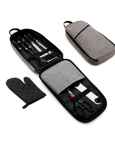 Stainless steel BBQ grilling tool set in a gray carrying case with a black oven mitt.