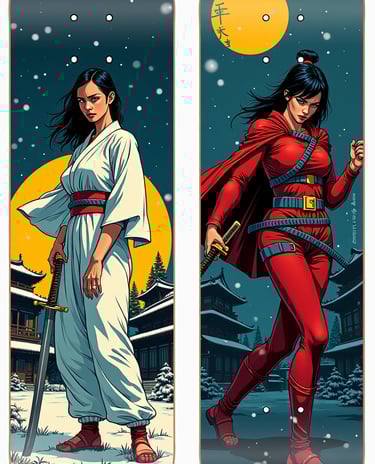 Custom skateboard decks featuring Japanese samurai women in a snowy landscape with katanas.