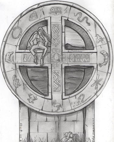 Desenho de 2019 e Jaum a lápis sobre uma roda do ano de acordo com a cultura Tupi Antiga