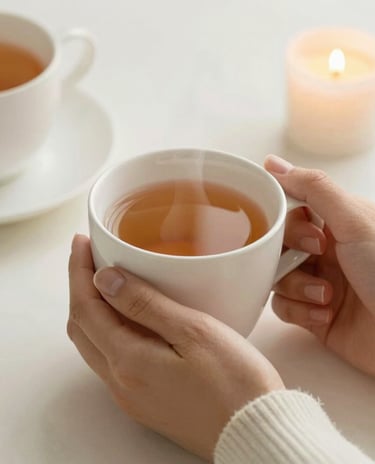 Hand holding pink mug with warm drink and festive lights