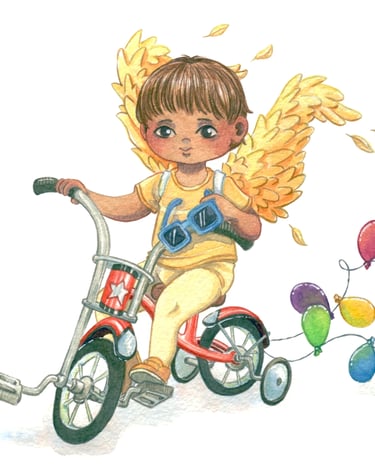 Niño con alas en bisicleta y globos de colores