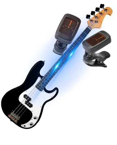 Black electric bass guitar with virtual tuners for precise instrument tuning.