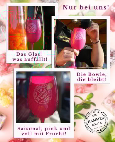 Pinkes Hammer Bowle Glas, gefüllt mit Bowle und Beeren der Saison.