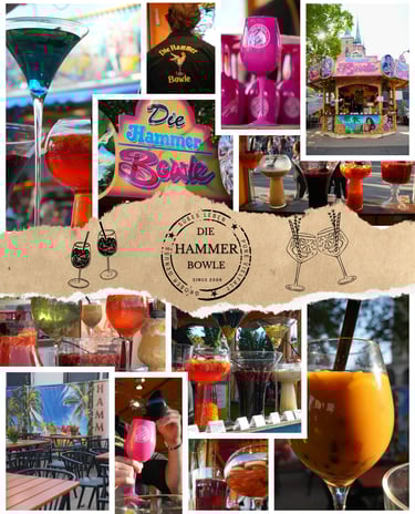 Fotocollage mit bunten Bowlegläsern-Cocktails und dem Stand der Marke „Die Hammer Bowle“