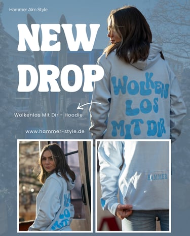 Model trägt hellblauen „Wolkenlos Mit Dir“-Hoodie mit Aufdruck aus der Hammer-Style Kollektion 