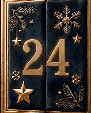 Luxuriöses Türchen Nr. 24 des Adventskalenders mit goldgeprägten Sternen