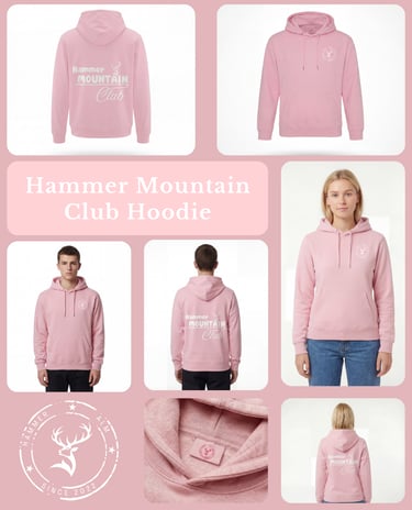 Pinker Hammer Mountain Club Hoodie mit Hirsch-Logo und Rückengrafik
