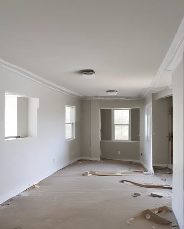 A construction site with an archway framed in DensGlass sheathing panels. There is a large plywood board partially covering the entrance. Construction materials, including a metal container and drywall, are scattered around.