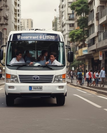 A tour bus promoting local attractions is driving along a street. The bus is mainly white, green, and orange with advertisements for local tours and a call to advertise on the vehicle. Inside, passengers can be seen seated, enjoying the ride. In the background, there are trees and a brick building with tall windows, giving a sense of an urban or historical area.