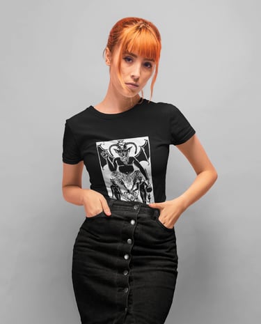 woman wearing a black and white devil tarot t-shirt