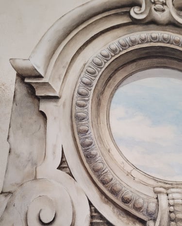 Détails d'une peinture décorative en trompe-l'oeil, un oeil de boeuf peint.