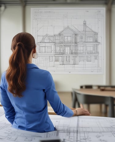 Close-up of hands holding architectural plans with orange and blue highlights.