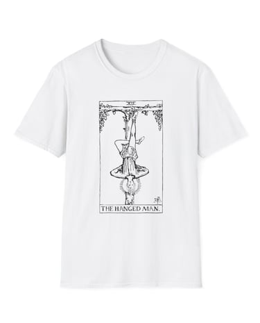 black and white the hanged man tarot t-shirt