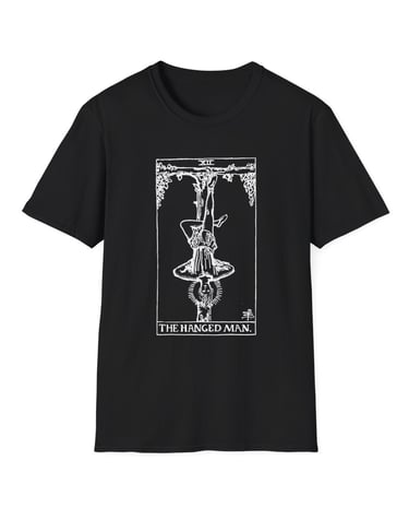 black and white the hanged man tarot t-shirt