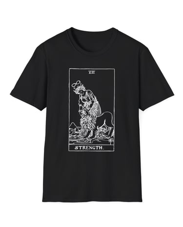 black and white strength tarot t-shirt