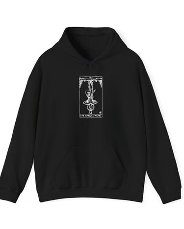 black and white hoodie with the hanged man tarot