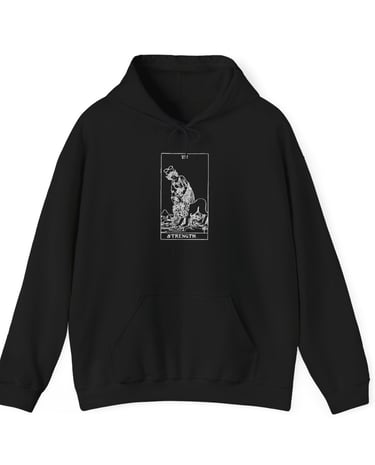 black and white hoodie with strength tarot