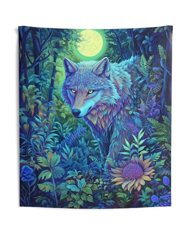 wolf and moon flower tapestry