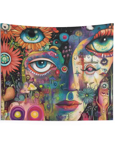trippy unusual face eyes tapestry