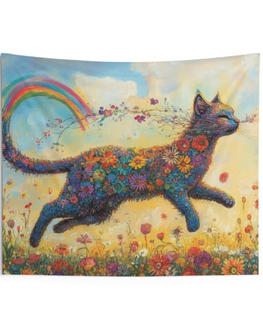 leaping floral cat tapestry