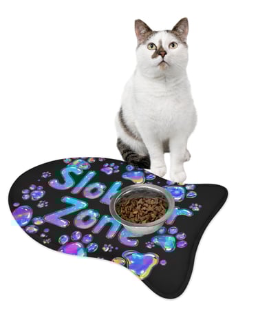 fish slobber zone mat with cat and bowl