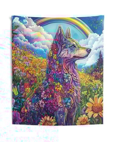 colorful wolf flower tapestry