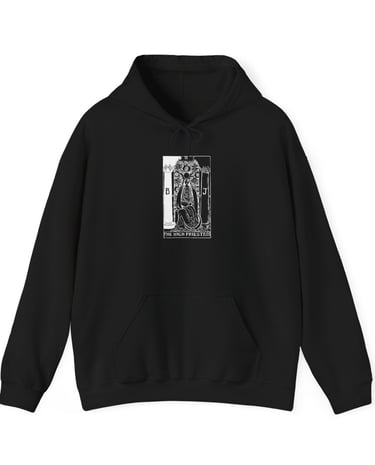 black and white hoodie with the high priestess tarot
