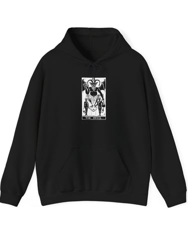 black and white hoodie with the devil tarot