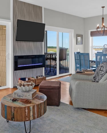 Spacious modern living room with marina views