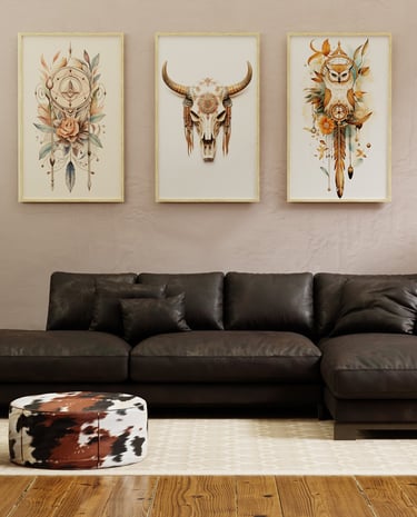 3D render detail of a leather couch with boho paintings  in a contemporary living room
