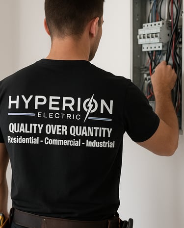 Electrician with the back of his work shirt showing the logo and a breaker panel in front of him