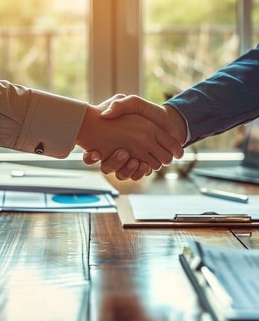 Duas pessoas apertando as mãos sobre uma mesa de escritório, simbolizando parceria profissional