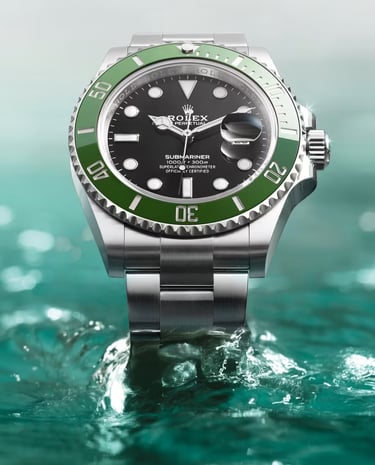 Rolex Submariner with green bezel showcased on water, highlighting luxury and precision.