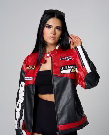 A model in a black and red jacket and shorts