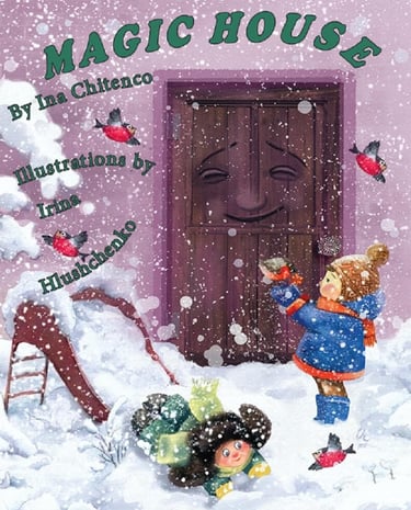 Cover of "Magic House" featuring children playing in the snow and a smiling, animated house door.
