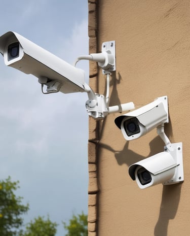 Technician installing CCTV cameras at a corporate office building.