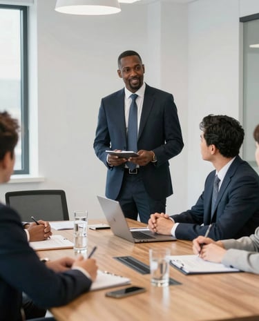 An elegant workspace featuring dual monitors displaying identity governance dashboards in forest green and copper tones.