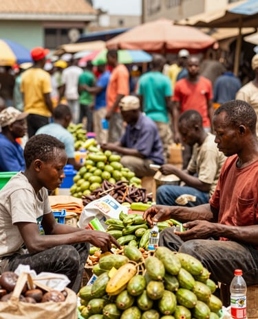 balck people; Market scene bustling with activity, showcasing local produce in Kinshasa.