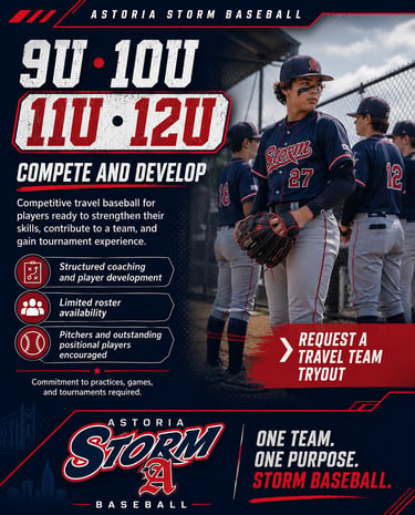 Astoria Storm 9U, 10U, 11U and 12U competitive travel baseball teams