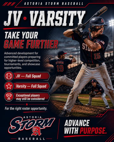 Astoria Storm JV and Varsity advanced baseball programs and tryouts