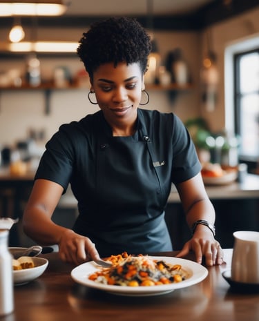 Kiya smiling in the kitchen, preparing a fresh soul food meal.