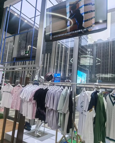 Yonex sportswear and tennis apparel displayed on a clothing rack in a modern retail store.