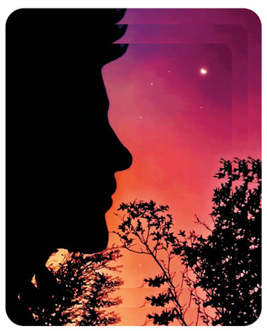 Pop art of person in silhouette against violet and orange sky.