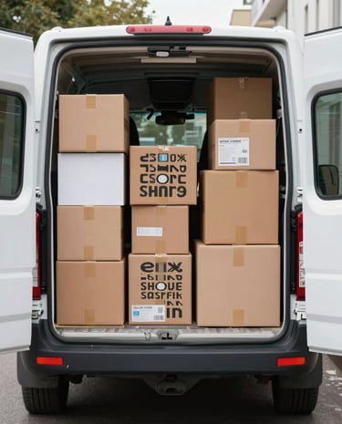 A delivery truck loaded with boxes branded with Vértice logo leaving the warehouse.