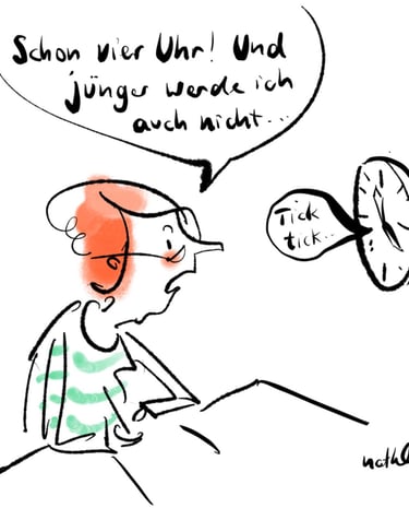 Comiczeichnerin bei der Arbeit schaut auf die Uhr an der Wand