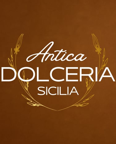 Antica Dolceria Sicilia logo with white text and gold laurel on a brown background.